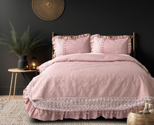 BLISS 3 PCS QUILTED BEDCOVER WITH LACE & FRILL